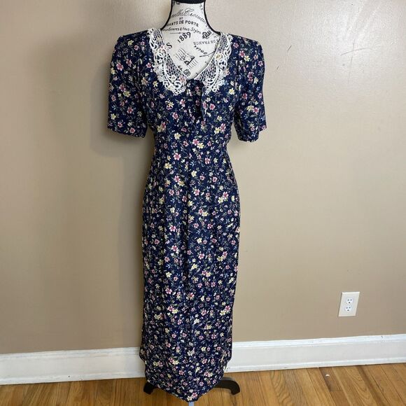 Vintage Larisa New York Sz Small Floral Button White Lace Collar Secretary Dress - Picture 1 of 9